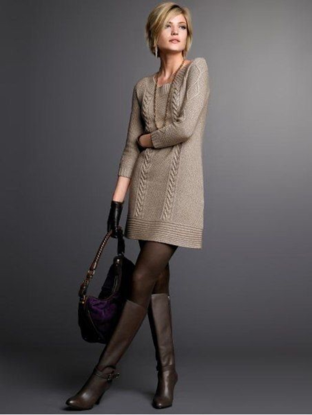 Banana Republic Cable Knit Sweater Dress XL Taupe Lambswool Cashmere Blend